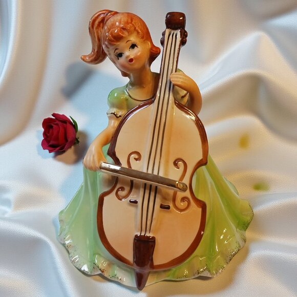 Vintage 1970s Porcelain Music Box Figurine Girl with Double Bass | Made in Japan - Picture 1 of 11